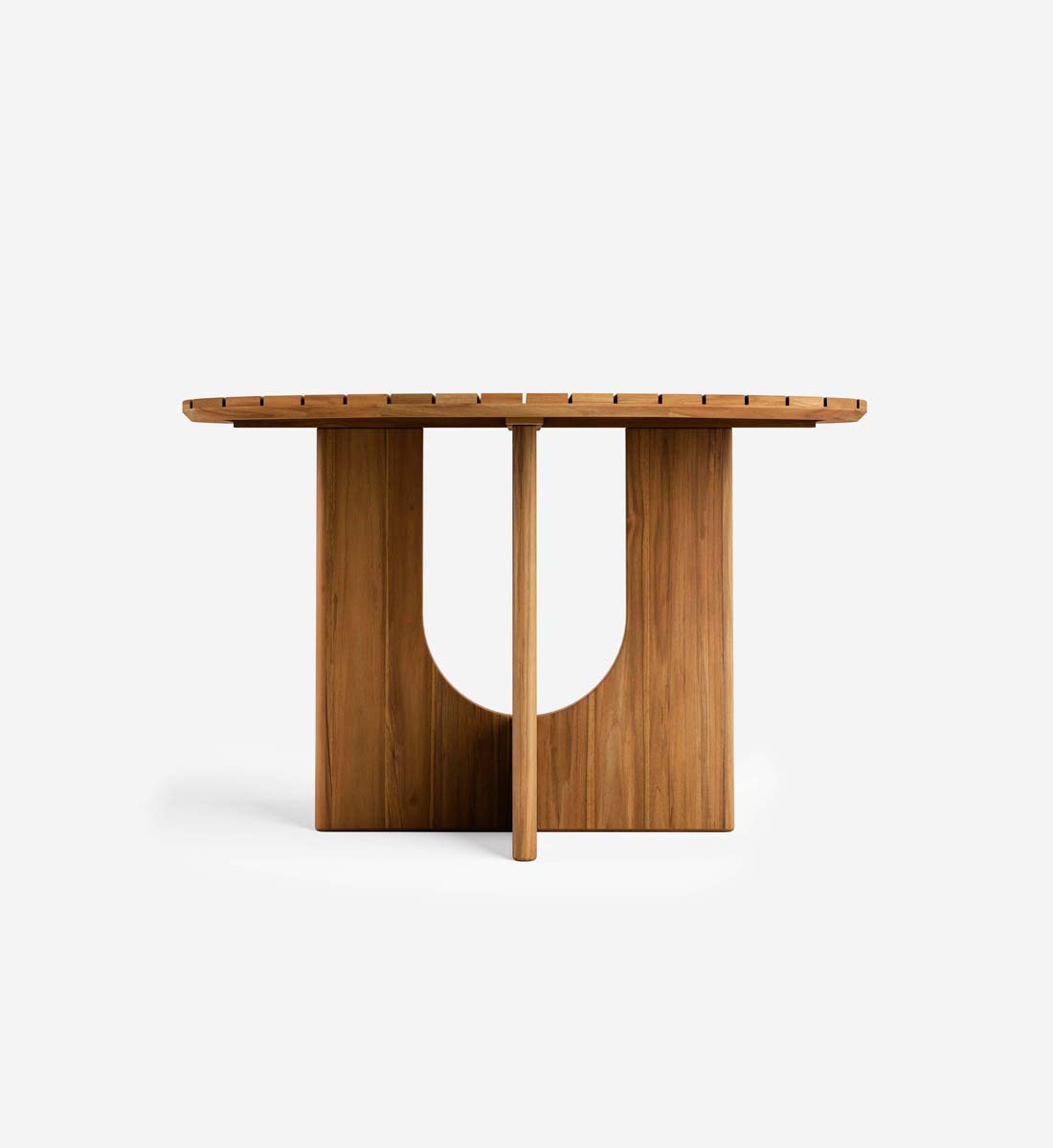 Wooden dining table with a minimalist design on a white background
